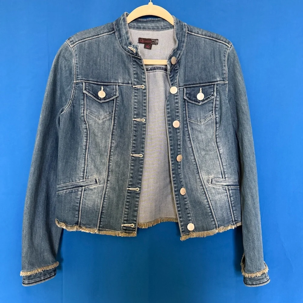 JW Style Y2K Frayed Edge Collarless Denim Jacket Size Small NWT